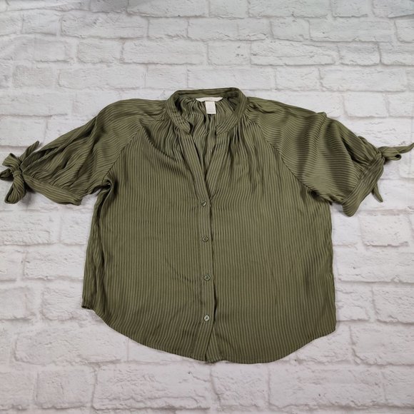 H&M womens short tie sleeve button front blouse shirt sage green striped sz 2 - Picture 1 of 5